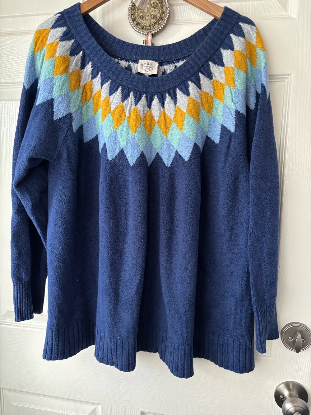 St. John's Bay Navy Crewneck Sweater with Yellow, Light Blue & Mint Diamond Yoke